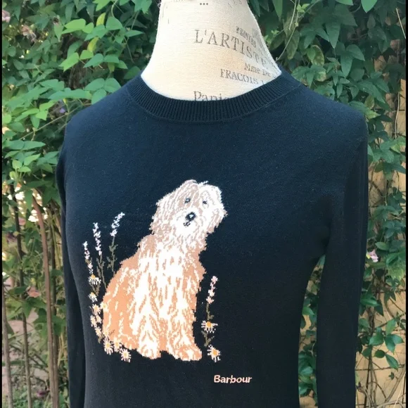 BARBOUR Scarce Shaggy GoldenDoodle Daisies Midnight Navy Cashmere Sweate… - Picture 1 of 8